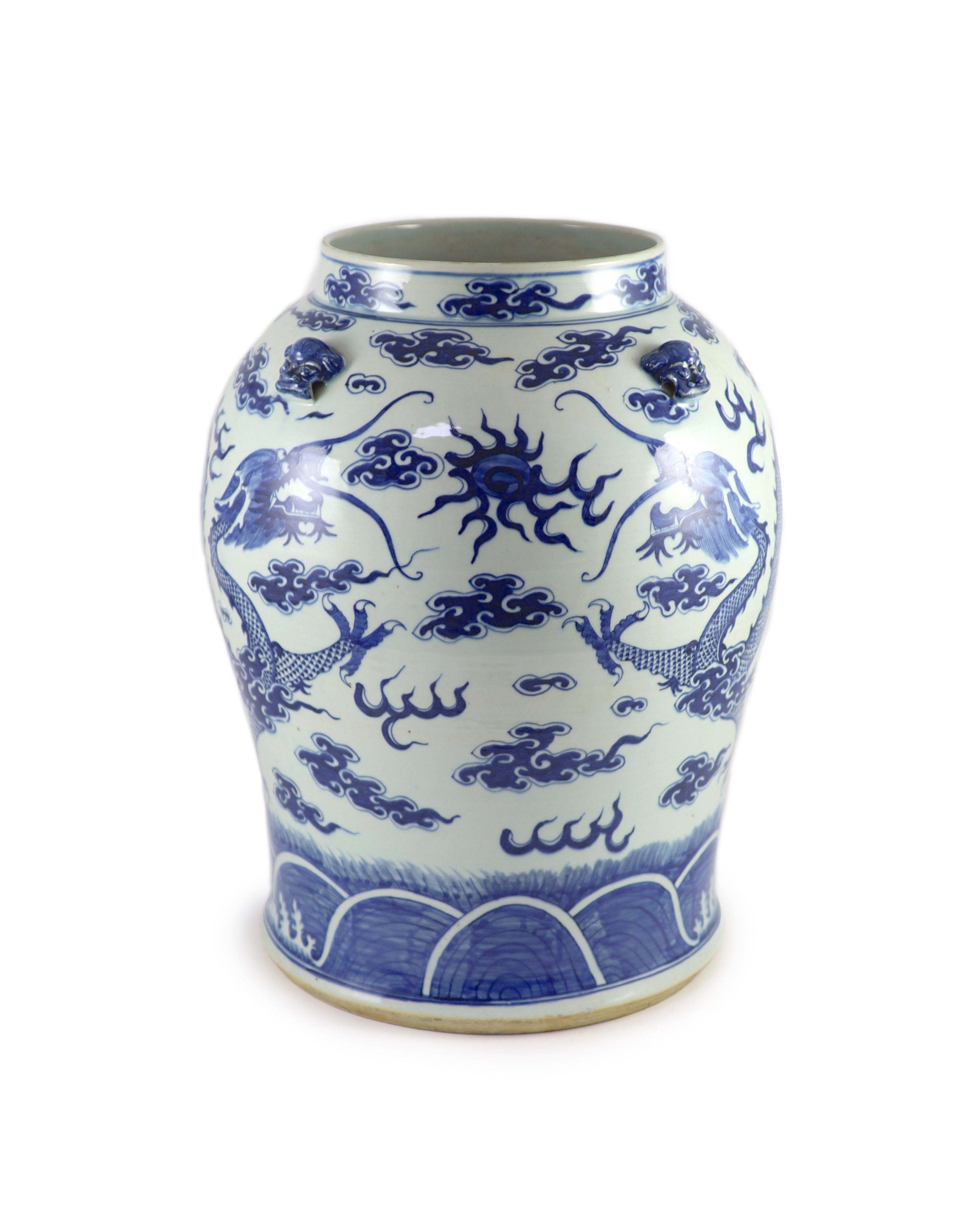 A large Chinese blue and white baluster 'dragon' jar, Daoguang period (1821-50), 48cm high